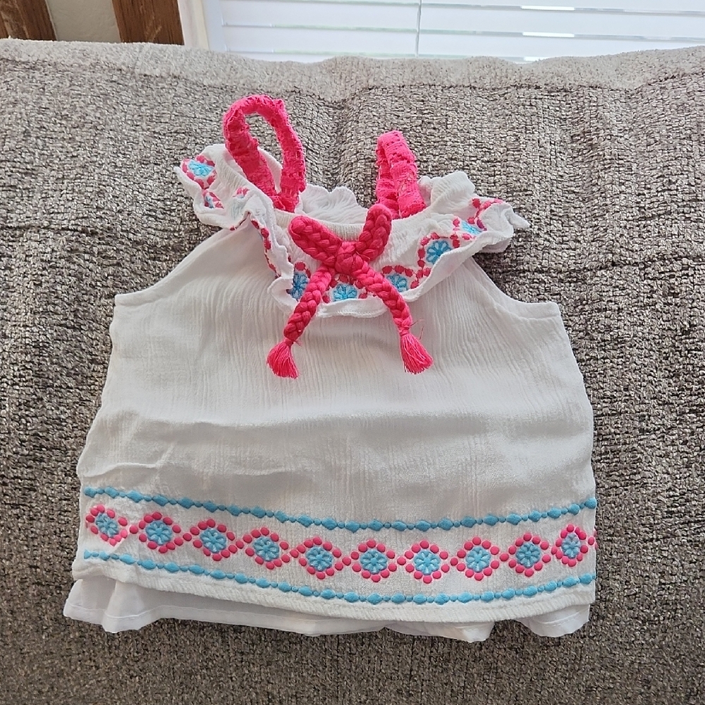 White Top with Pink and Blue Embroidery